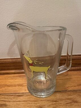 NEW Pottery Barn Glass Rudolph Pitcher with Rudolph the Reindeer Design
